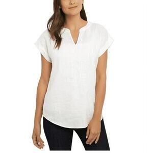 Adrienne Vittadini Top Large White 100% Linen High Low Cap Sleeve